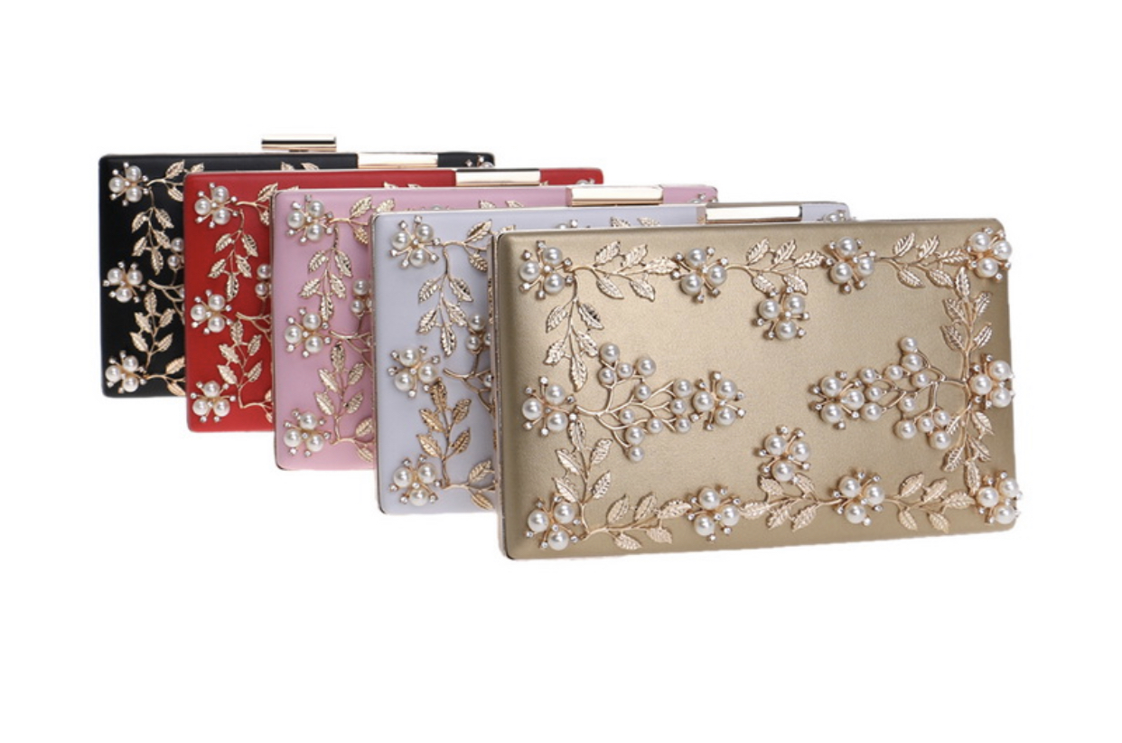 Luxury Metal Flower Petals Clutch With Dazzling Diamonds and Beads.