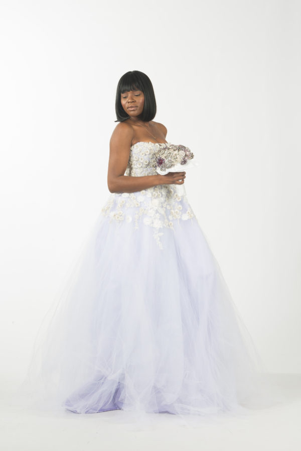 Ballgown corset Wedding Dress with lilac under layer.