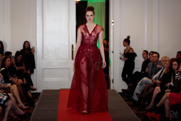 Red organza couture dress with pockets